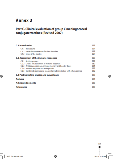 Recommendations Part C: Clinical evaluation of group C meningococcal conjugate vaccines, Annex 3, TRS No 963